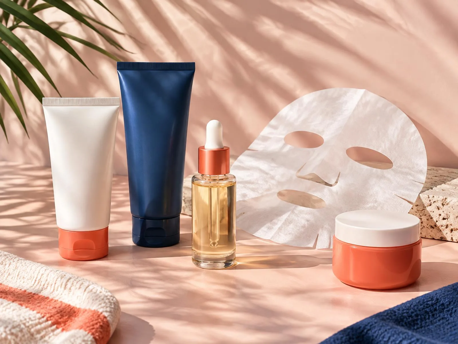 Unbranded skincare tubes, a serum bottle and a sheet mask on a blush background
