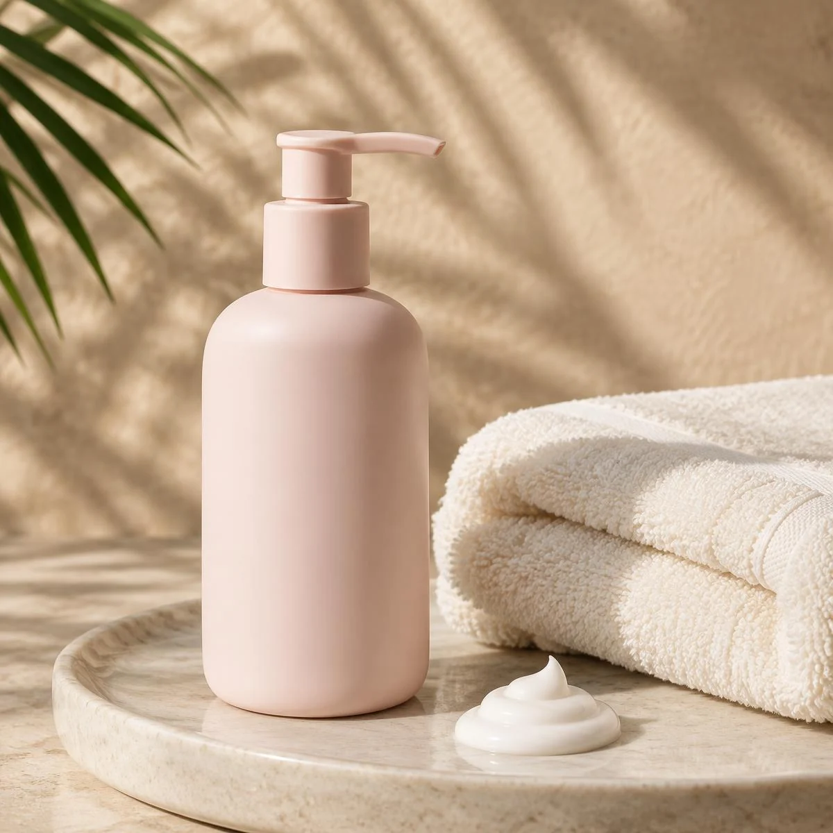 Illustrative photo: Plain lotion bottle beside a folded towel