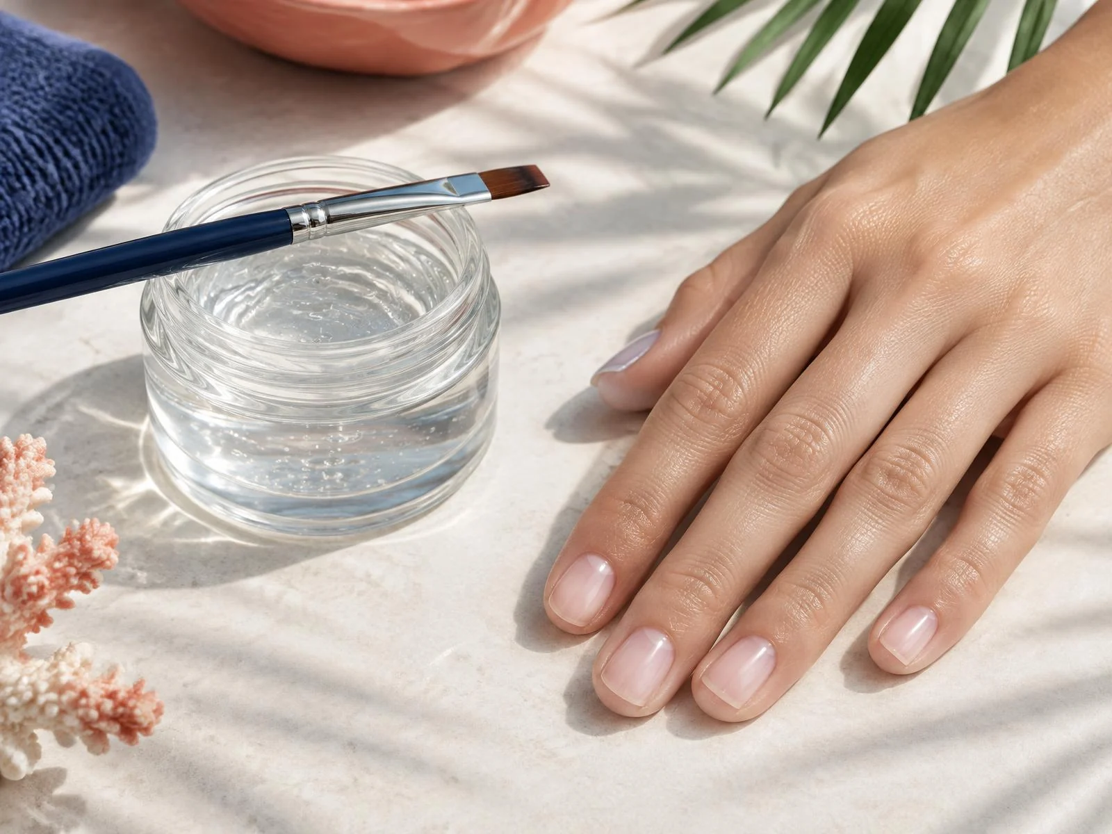 An unlabeled jar of clear builder gel and a flat brush beside short natural-look nails