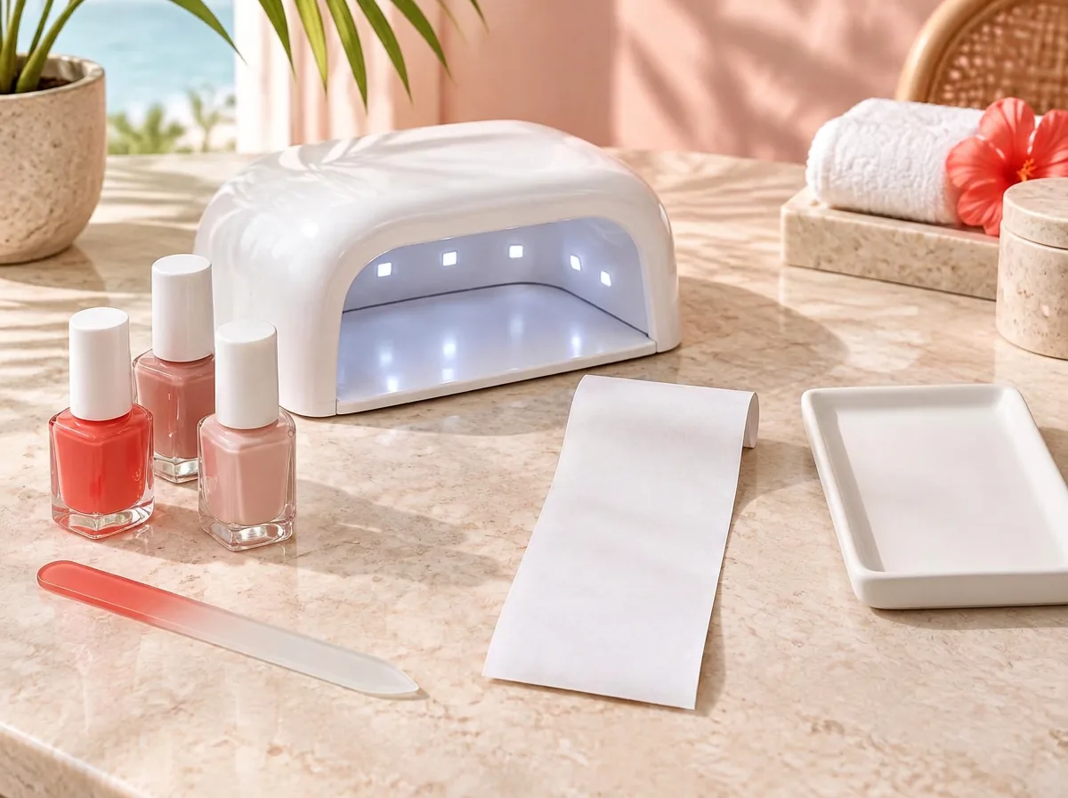 A generic white nail lamp, unlabeled polish bottles and a blank salon receipt on stone