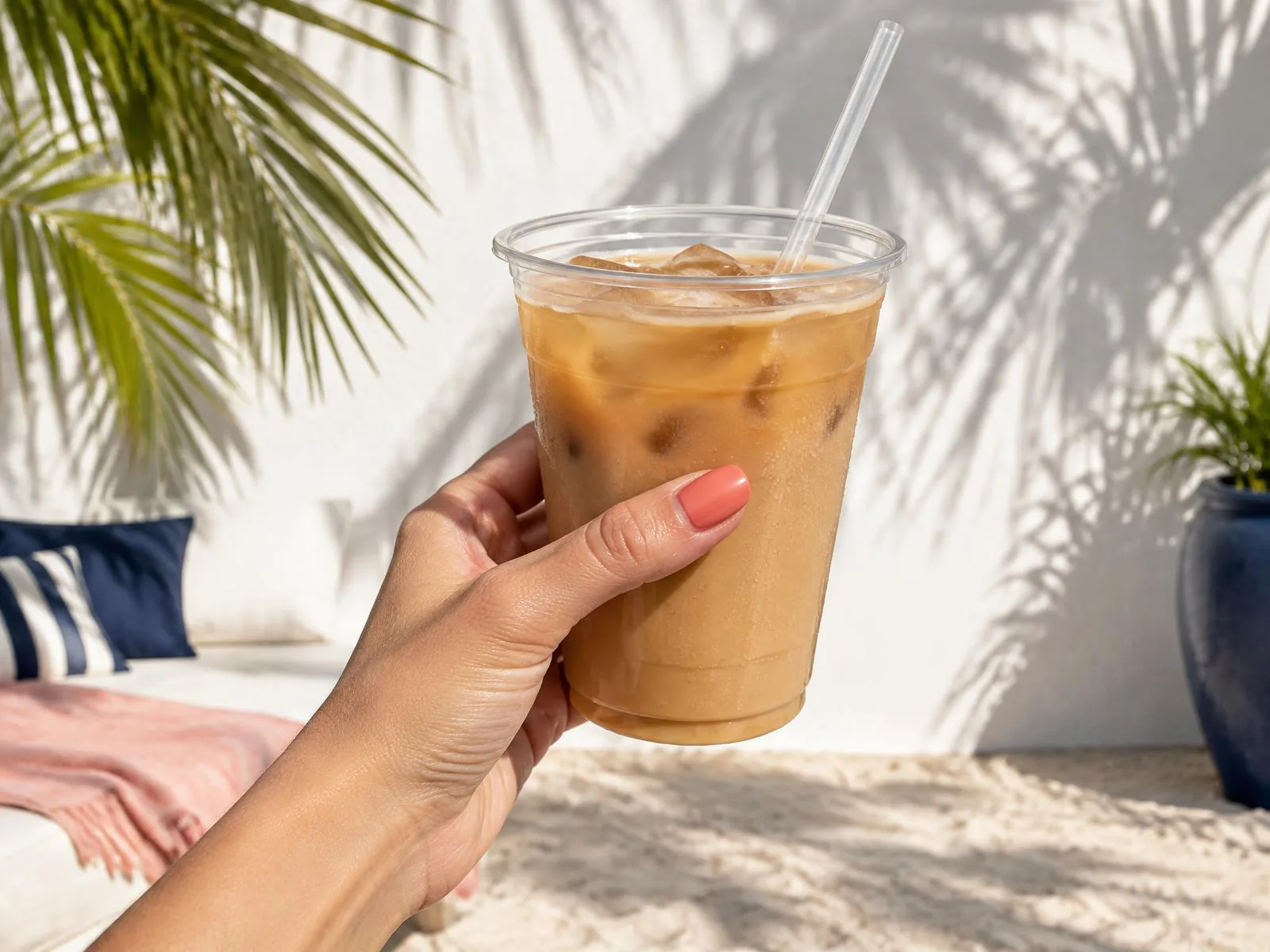A hand with a glossy coral manicure holding an iced coffee in bright sunlight
