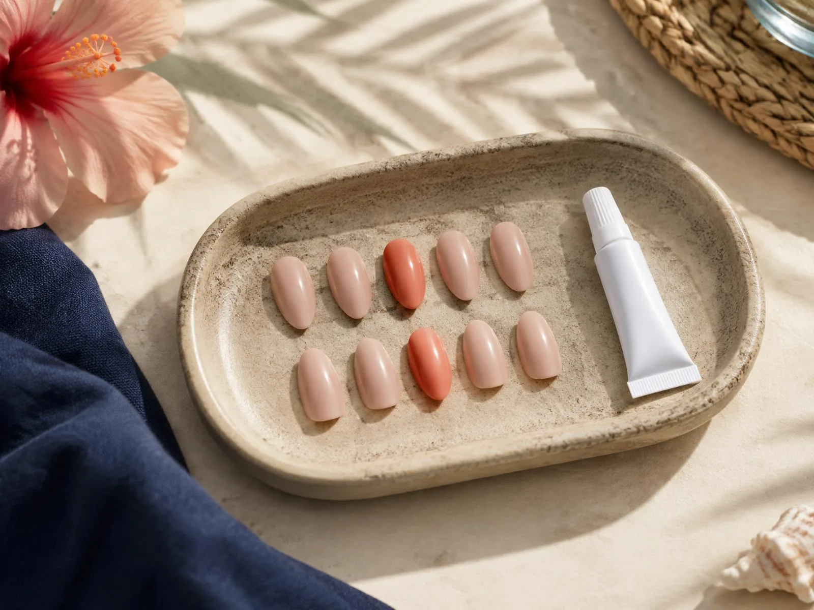 Nude and coral almond-shaped press-on nails on a ceramic tray beside an unlabeled glue tube