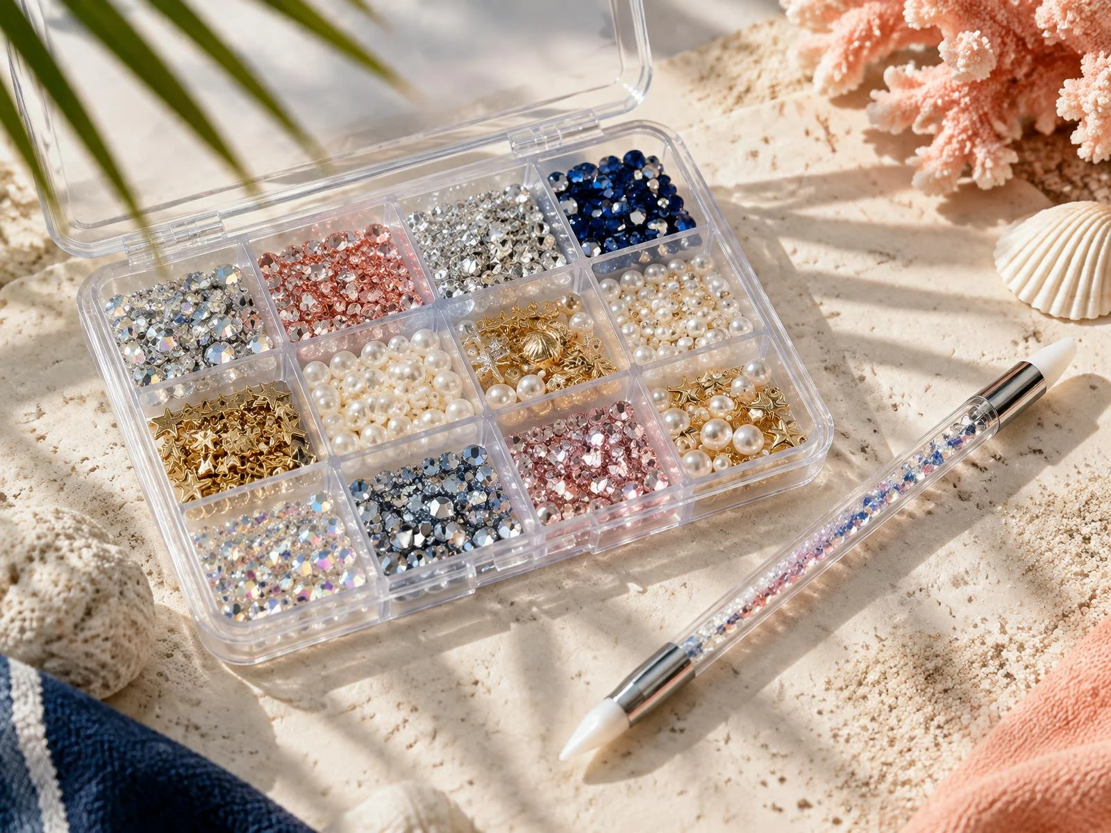 Nail rhinestones and tiny charms in a compartment box beside a wax picker