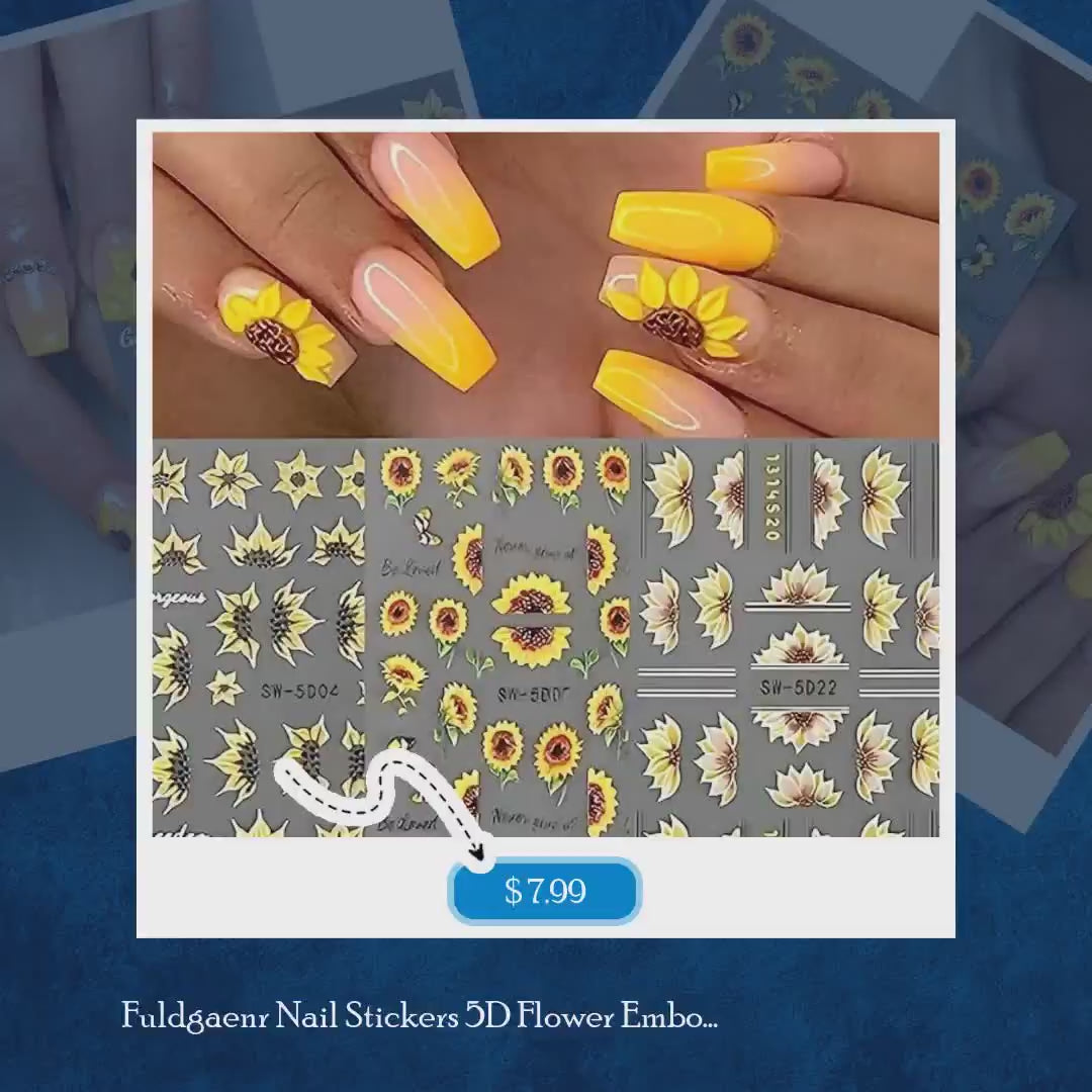 Fuldgaenr Nail Stickers 5D Flower Embossed Sunflower Summer Nail Art Self Adhesive Nail Stickers Design Acrylic Nail Art Women/Girls Decoration by@Vidoo