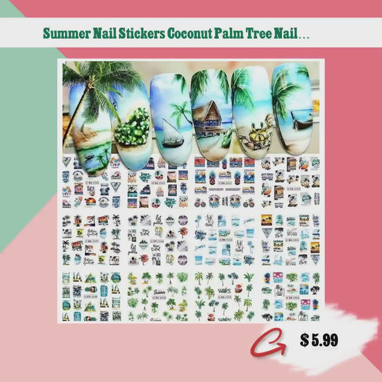Summer Nail Stickers Coconut Palm Tree Nail Art Tropical Water Transfer Nail Decals 12 Sheets Beach Ocean 3D DIY Manicure Design Decor for Women Girl by@Vidoo