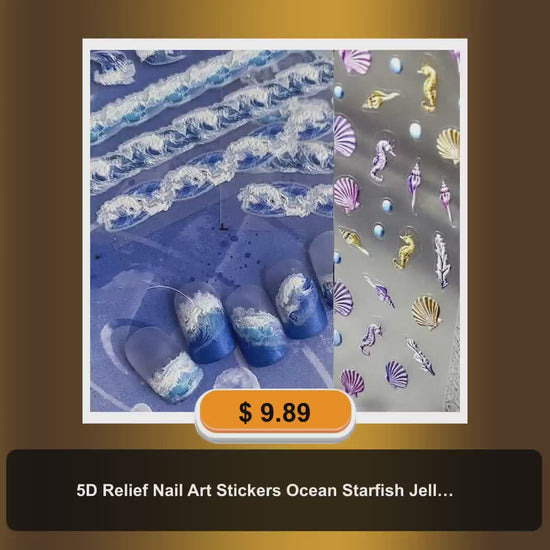 5D Relief Nail Art Stickers Ocean Starfish Jellyfish Summer Sea Waves Decals Tip for Salon DIY Acrylic Nails Design 3Sheets(Beach) by@Vidoo