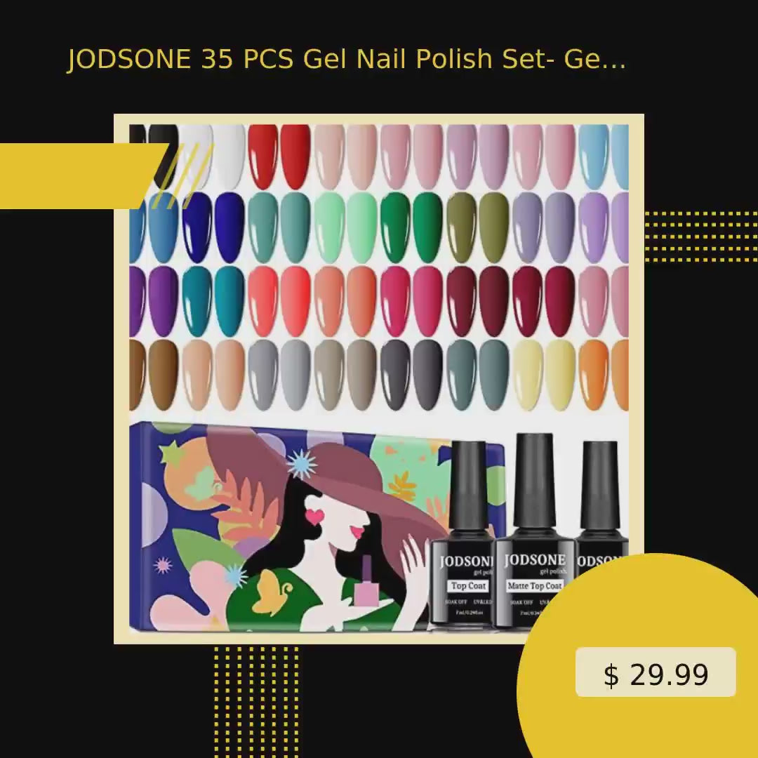 JODSONE 35 PCS Gel Nail Polish Set- Gel Nail Kit with 32 Colors Gel polish Kit Base Coat No Wipe Top Coat Matte Top Coat Nail Polish Set Green Blue Red Pink Collection Gifts for Women by@Vidoo