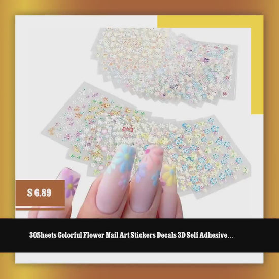 30Sheets Colorful Flower Nail Art Stickers Decals 3D Self Adhesive Nail Stickers Nail Art Supplies Colorful Flower Stickers Daisy Floral Bow Tie Heart Nail Designs Manicure Tips Charms Nail Decoration by@Vidoo