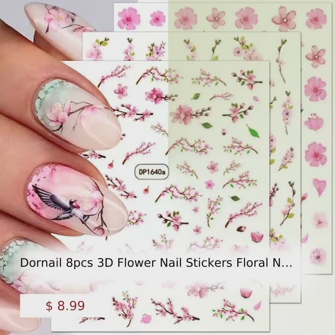 Dornail 8pcs 3D Flower Nail Stickers Floral Nail Decals Pink Sakura Nail Art Stickers Cherry Blossom Plum Flower Stickers Spring Summer Nail Decorations for Nail Art Supplies Women Nail Accessories by@Vidoo
