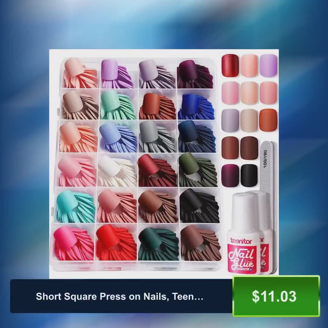 Short Square Press on Nails, Teenitor 576pcs Matte Short Fake Nails with Nail Glue, 24 Colors by@Vidoo