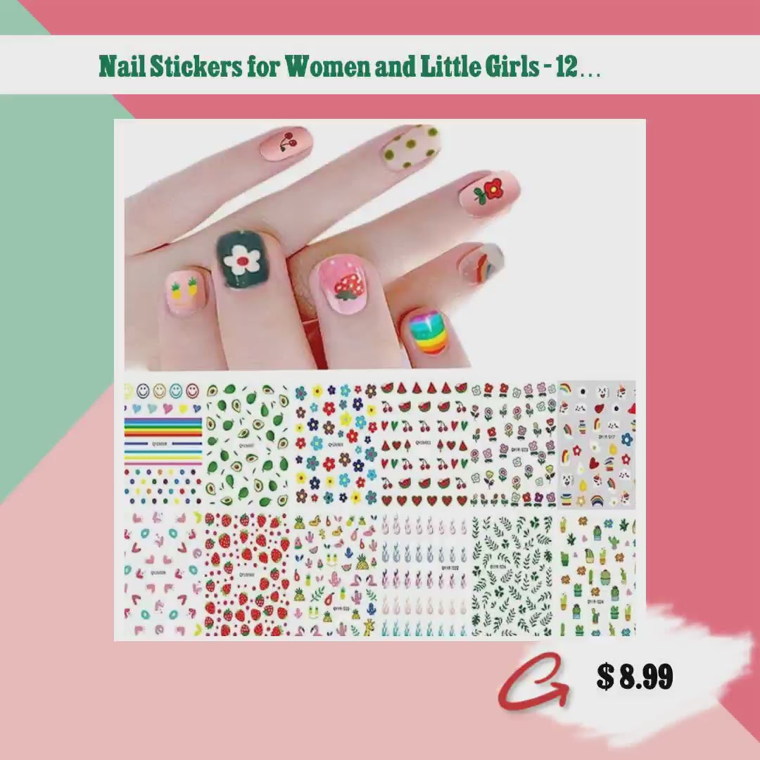 Nail Stickers for Women and Little Girls - 12 Sheets 3D Self-Adhesive DIY Nail Art Decoration Set Including Flowers Leaves Animals Plants Fruits Nail Decals for Woman Kids Girls by@Vidoo