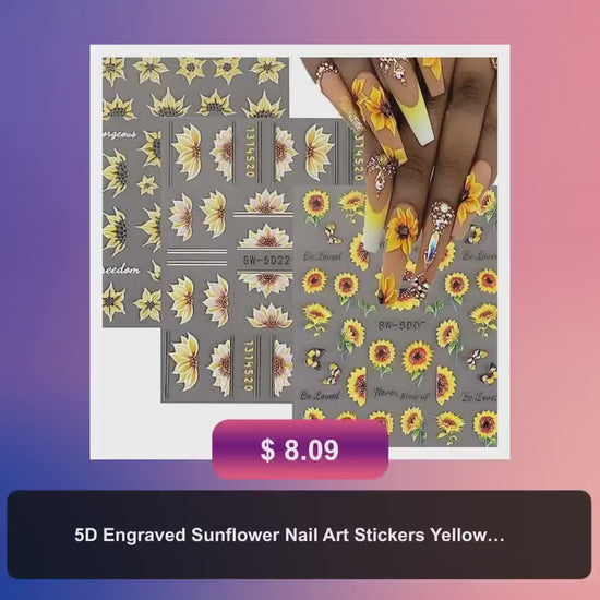 5D Engraved Sunflower Nail Art Stickers Yellow Black Floral Flower Acrylic Embossed Sliders Summer Nail Decals Manicure Decoration for Women Girls Nails Painting Charms Accessories by@Vidoo