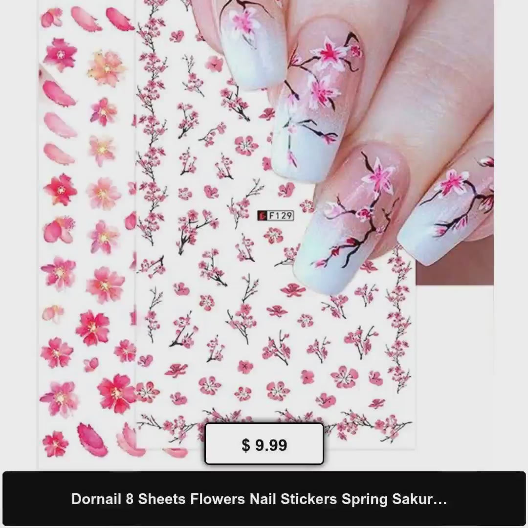 Dornail 8 Sheets Flowers Nail Stickers Spring Sakura Nail Art Decals Summer Nails Design for Nail Foils Decorations Supplies by@Vidoo