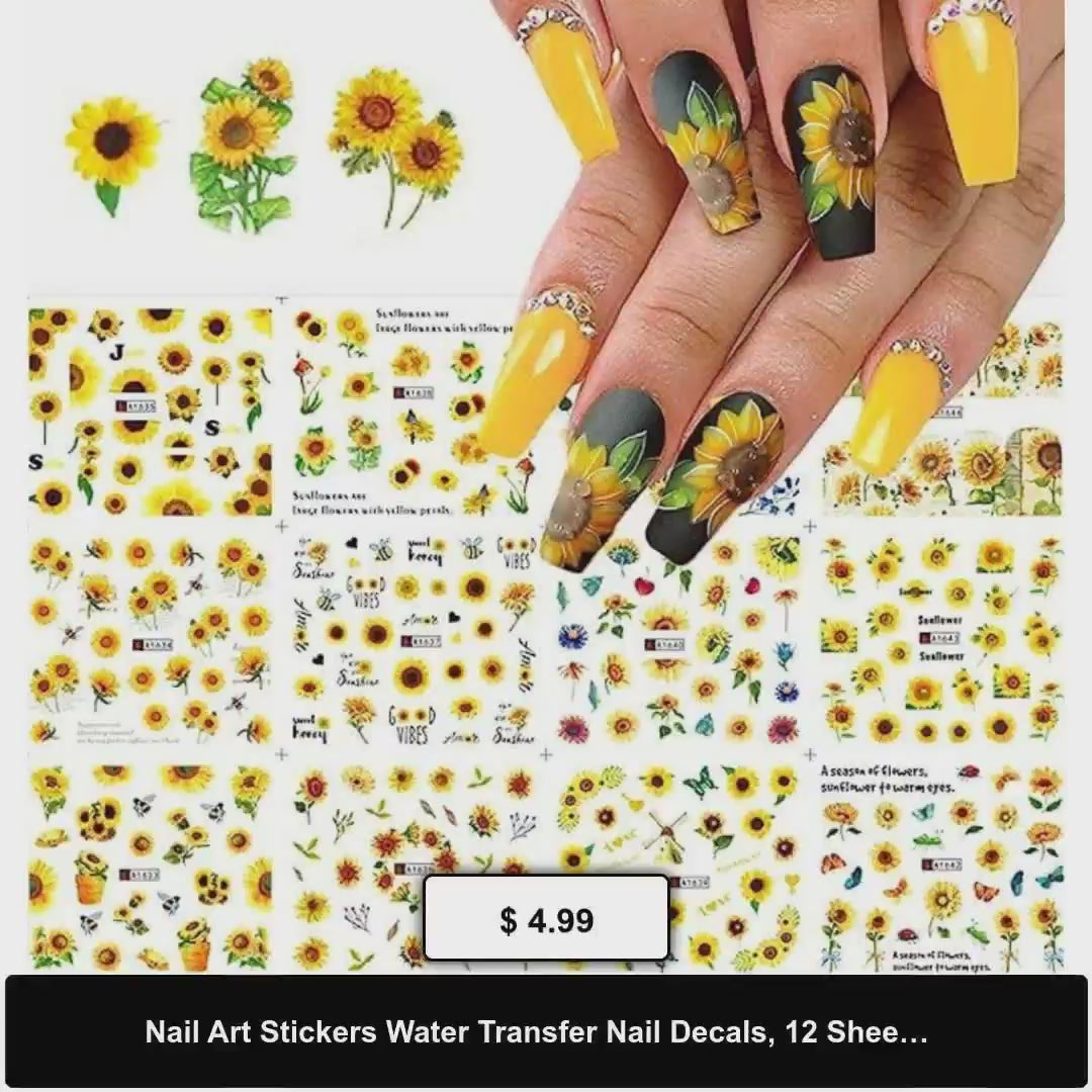 Nail Art Stickers Water Transfer Nail Decals, 12 Sheets Flower Nail Stickers Nail Art Supplies Sunflower Nail Decals Nail Art Accessories Summer Nails Design Kit Sticker for Acrylic Nail Decorations by@Vidoo