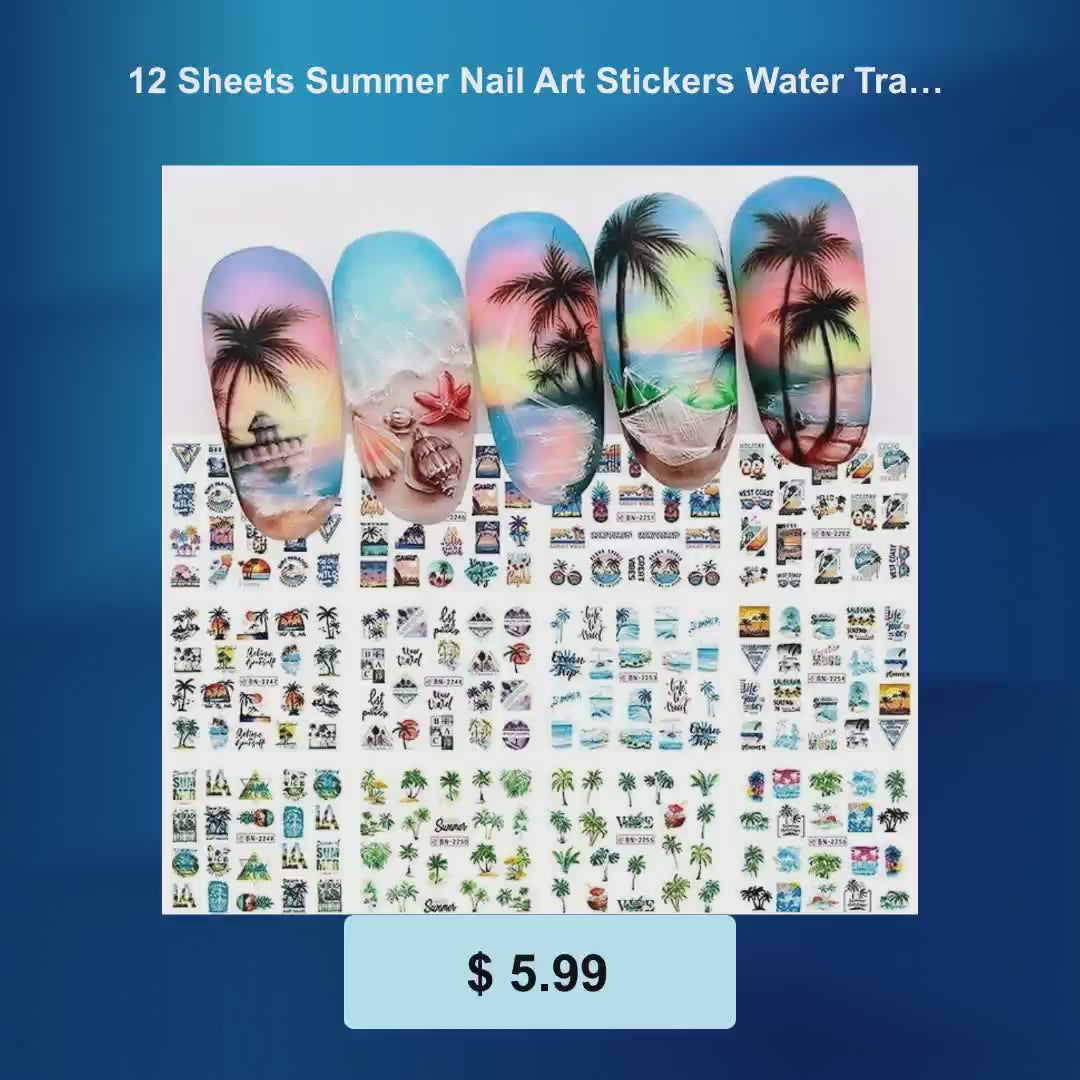 12 Sheets Summer Nail Art Stickers Water Transfer Coconut Tree Nail Decals Tropical Style Ocean Beach Nail Design Sticker Summer Nail Art Supplies for Women Girls DIY Manicure Nail Art Decorations by@Vidoo