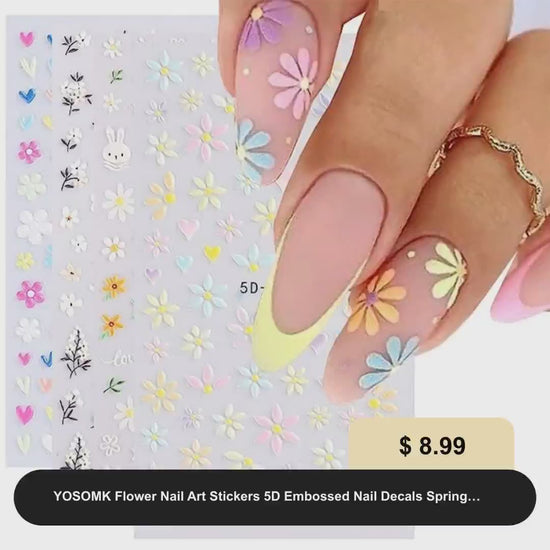 YOSOMK Flower Nail Art Stickers 5D Embossed Nail Decals Spring Daisy Nail Art Design Self Adhesive Nail Supplies White Yellow Colorful Flower Nail Stickers for Women Manicure Decoration by@Vidoo