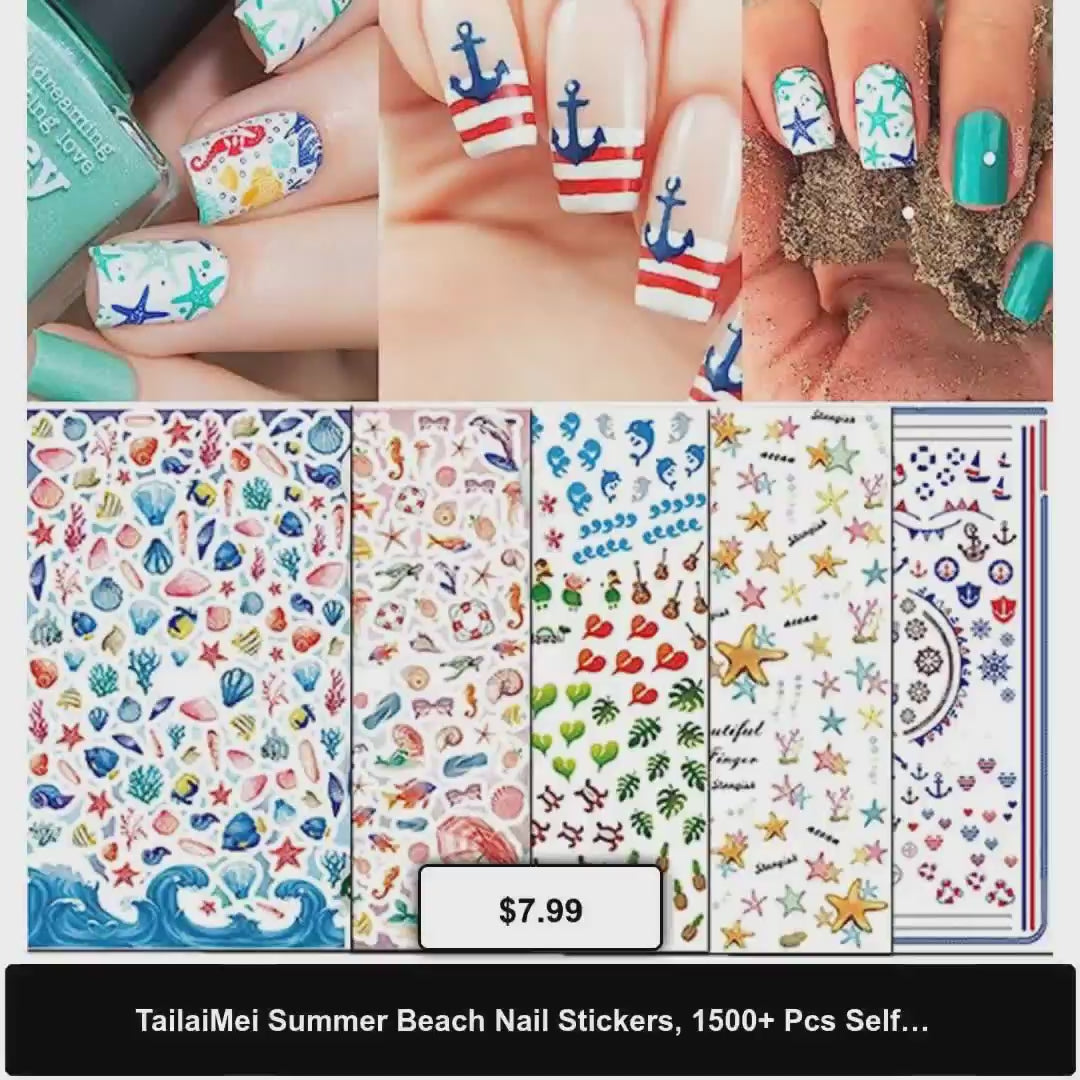 TailaiMei Summer Beach Nail Stickers, 1500+ Pcs Self-Adhesive DIY Nail Art Decals Shark Nautical Turtle Design (12 Sheets) by@Vidoo