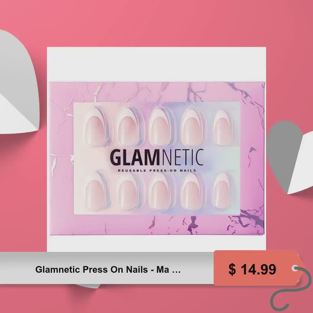 Glamnetic Press On Nails - Ma Damn | French Tip , UV Finish Short Pointed Almond Shape, Reusable Semi-Transparent Nails in 12 Sizes - 24 Nail Kit with Glue by@Vidoo