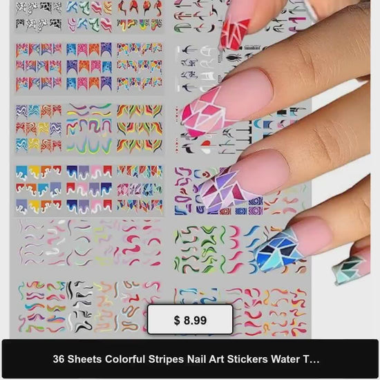 36 Sheets Colorful Stripes Nail Art Stickers Water Transfer Nail Decals Rainbow Geometric Nail Stickers for Nail Art Decoration Watermark Nail Designs Accessories Acrylic Nail Supplies by@Vidoo
