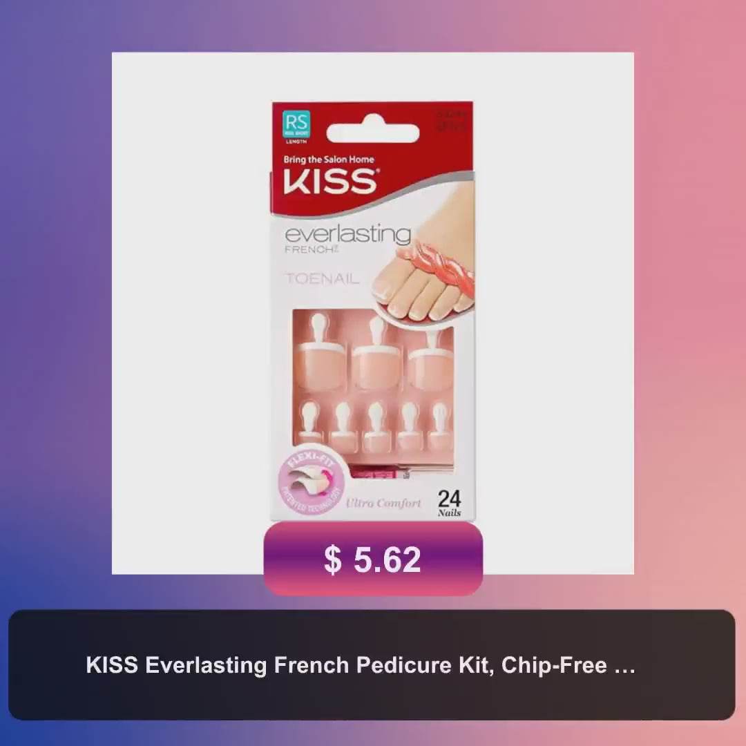 KISS Everlasting French Pedicure Kit, Chip-Free Glue-On Fake Toenails, Real Short Length, Style “Limitless”, Flexi-Fit Technology, Pink Gel Nail Glue, Mini File, Manicure Stick & 24 False Toenails by@Vidoo
