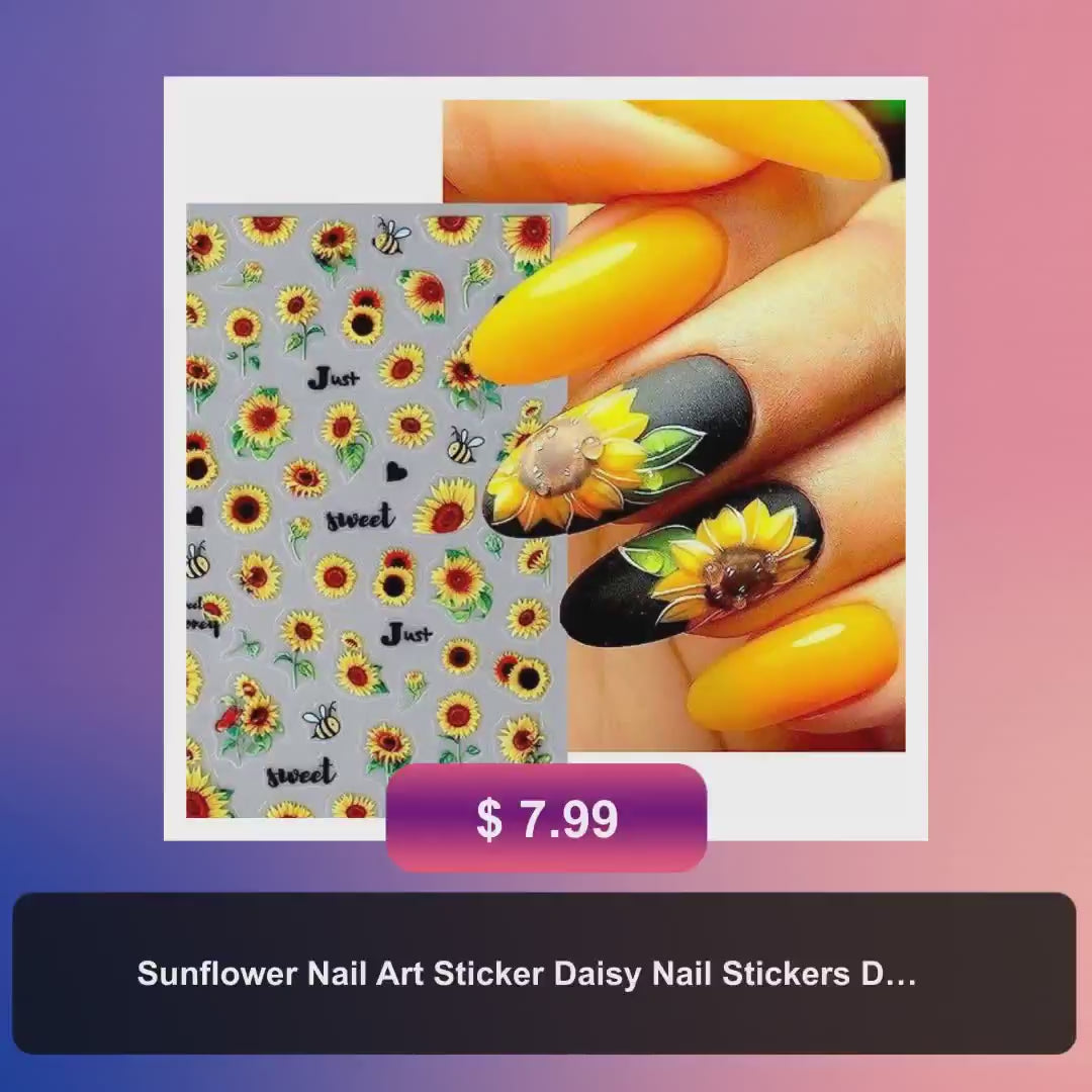 Sunflower Nail Art Sticker Daisy Nail Stickers Decals Summer Nail Art Supplies for Acrylic Nail 3D Self Adhesive Yellow Flower White Pink Floral Butterfly Design DIY Manicure Nail Decoration by@Vidoo