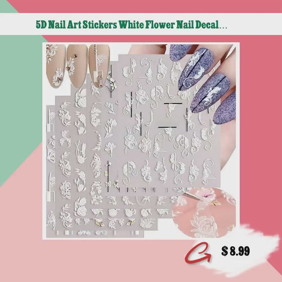 5D Nail Art Stickers White Flower Nail Decals, White Floral Leaf Embossed Designs Nail Stickers 6Pcs Summer Self Adhesive Nail Stickers for Women Manicure Decorations(Same as Style 1) by@Vidoo