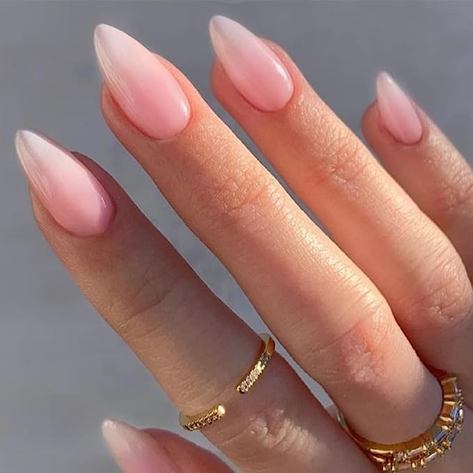 Pink White Gradient Fake Nails Almond,KXAMELIE Acrylic Nails Press on Stiletto Nails Ombre Almond Shaped Stick on Nails Set Glue on Nails Medium Length for Manicure in 24PCS