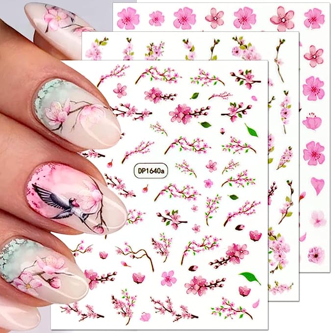Dornail 8pcs 3D Flower Nail Stickers Floral Nail Decals Pink Sakura Nail Art Stickers Cherry Blossom Plum Flower Stickers Spring Summer Nail Decorations for Nail Art Supplies Women Nail Accessories