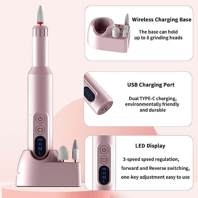 Ftrule Cordless Electric Nail Drill, Portable Professional Rechargeable Efile Nail File Machine with Nail Drill Bits, Sanding Bands for Acrylic Gel Nails, Manicure Pedicure Polishing, Pink