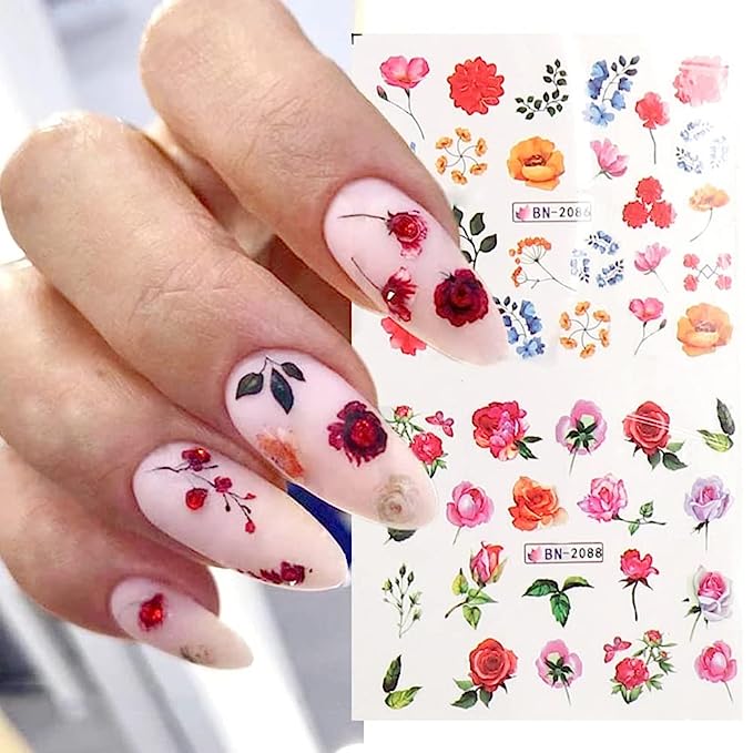 12pcs Flower Leaf Water Transfer Nail Stickers Nail Art Supplies Blooming Flowers Water Decals Watercolor Floral Leaves Nail Stickers Spring Summer Transfer Sliders Manicure Decoration