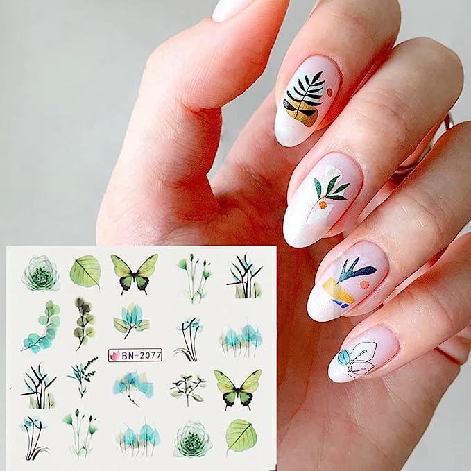 12pcs Flower Leaf Water Transfer Nail Stickers Nail Art Supplies Blooming Flowers Water Decals Watercolor Floral Leaves Nail Stickers Spring Summer Transfer Sliders Manicure Decoration