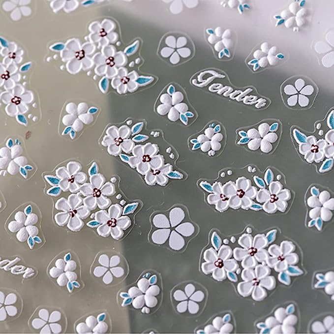 Flower Nail Art Stickers White Flower Nail Decals 5D Acrylic Engraved Nail Stickers Spring Summer Exquisite Design Nail Art Supplies White Flower for Nails DIY Manicure Nail Art Decorations, nail salon near me
