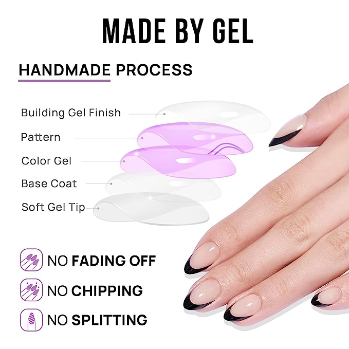 French Tip Press On Nails Almond - BTArtbox Black Press On Nails Short, Glue On Nails with Nail Glue, Supremely Fit & Natural Reusable Stick On Nails in 16 Sizes - 32 Fake Nails Kit, Black French