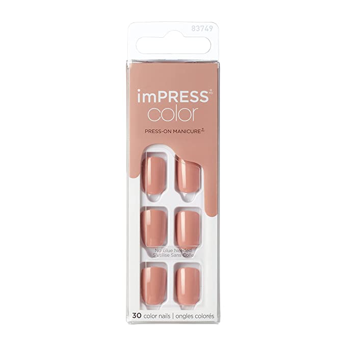 KISS imPRESS Color Press-On Nails, Gel Nail Kit, PureFit Technology, Short Length, Sandbox, Polish-Free Solid Color Manicure, Includes Prep Pad, Mini Nail File, Cuticle Stick, 30 Fake Nails