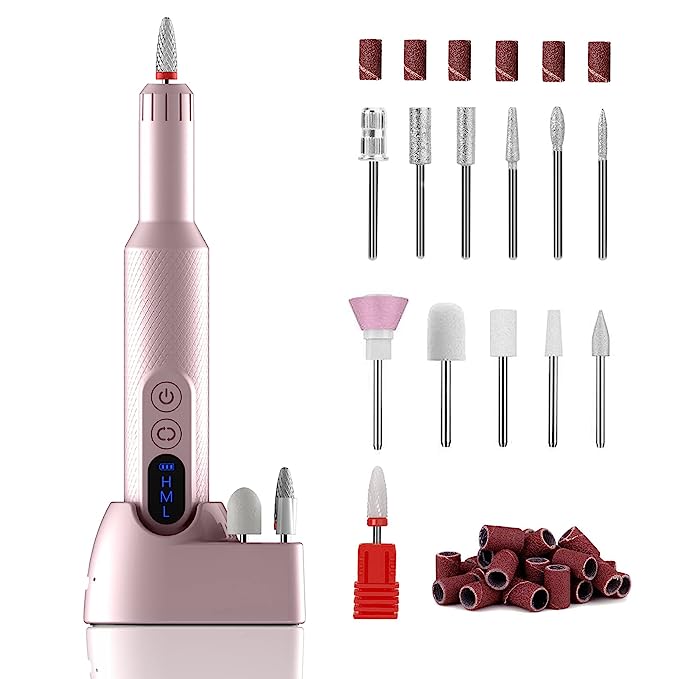 Ftrule Cordless Electric Nail Drill, Portable Professional Rechargeable Efile Nail File Machine with Nail Drill Bits, Sanding Bands for Acrylic Gel Nails, Manicure Pedicure Polishing, Pink