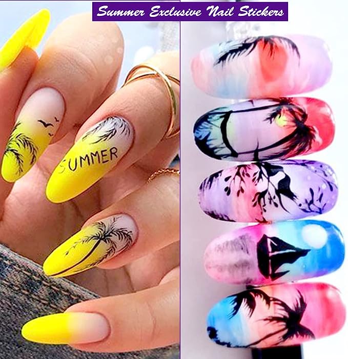 Summer Nail Stickers Coconut Palm Tree Nail Art Tropical Water Transfer Nail Decals 12 Sheets Beach Ocean 3D DIY Manicure Design Decor for Women Girl