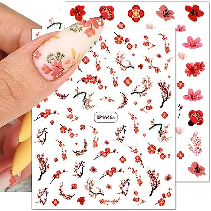 Dornail 8pcs 3D Flower Nail Stickers Floral Nail Decals Pink Sakura Nail Art Stickers Cherry Blossom Plum Flower Stickers Spring Summer Nail Decorations for Nail Art Supplies Women Nail Accessories