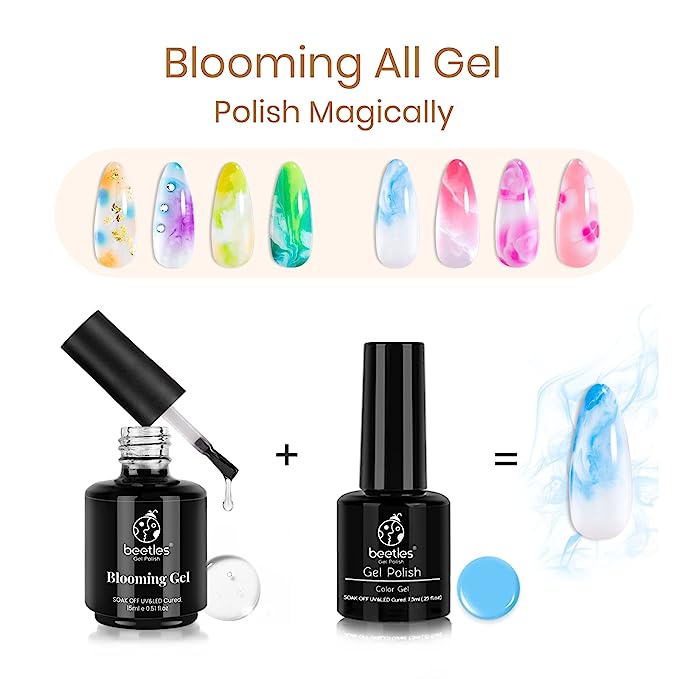 Beetles Nail Blooming Gel 15ml Clear Uv Led Blossom Gel Polish for Spreading Effect Marble Natural Stone Watercolor Floral Print Soak off Nail Gel Diy Nail Art Design Manicure