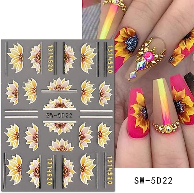 Fuldgaenr Nail Stickers 5D Flower Embossed Sunflower Summer Nail Art Self Adhesive Nail Stickers Design Acrylic Nail Art Women/Girls Decoration