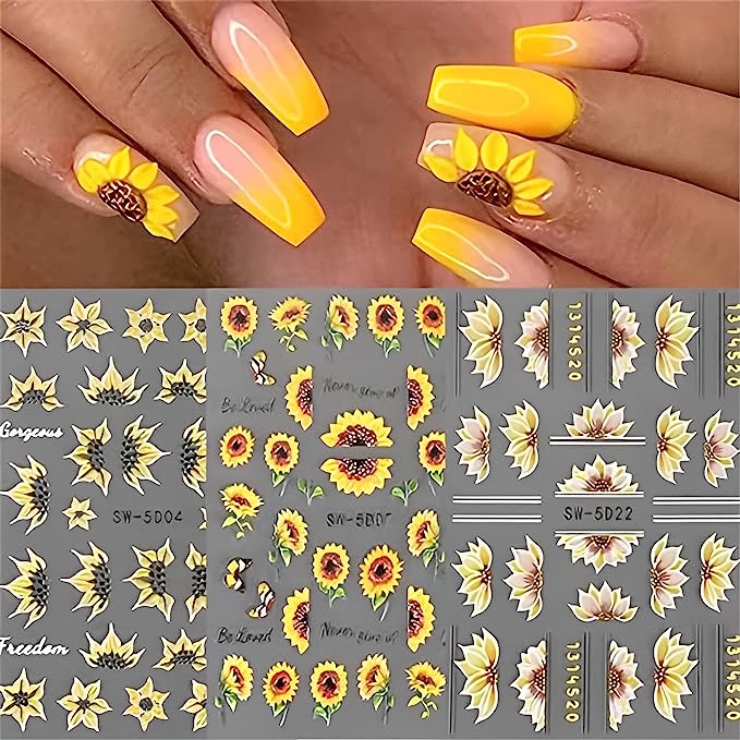Fuldgaenr Nail Stickers 5D Flower Embossed Sunflower Summer Nail Art Self Adhesive Nail Stickers Design Acrylic Nail Art Women/Girls Decoration