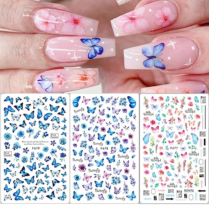 Butterfly Nail Stickers 3D Self-adhesive Nail Decals for Nail Art Exquisite Butterflies Design Nail Art Supplies Accessories Colorful Butterfly Nail Art Stickers for Women Girls DIY Manicure Tips