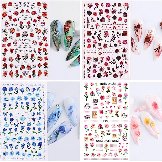 6 Sheets Flower Nail Art Stickers 3D Blue Pink Red Rose Nail Decals Spring Summer Nail Art Supplies Leopard Snake Leaf Butterfly Floral Nail Designs Supply Nail Stickers for Acrylic Nails Decor