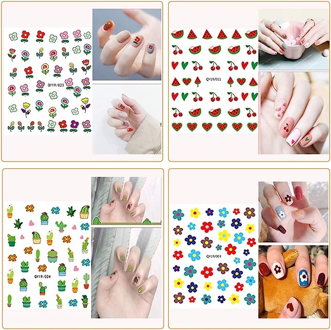 Nail Stickers for Women and Little Girls - 12 Sheets 3D Self-Adhesive DIY Nail Art Decoration Set Including Flowers Leaves Animals Plants Fruits Nail Decals for Woman Kids Girls