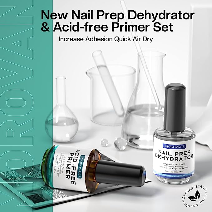 Morovan Professional Natural Nail Prep Dehydrate and Acid-Free Primer, Dehydrator for Acrylic and Gel Nail Polish, Non Acid Primer for UV Gels Fast Dry Superior Bonding Agent Gift Box Set