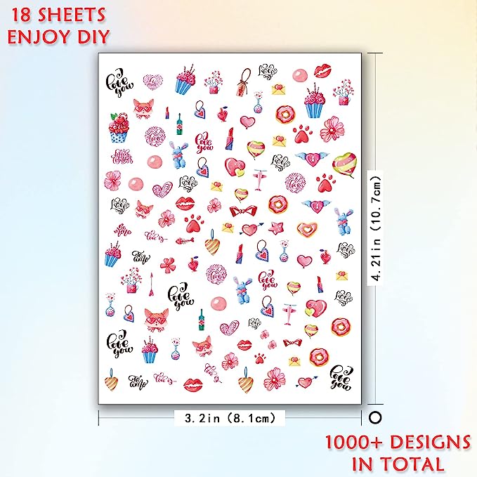 18 Sheets Nail Art Stickers for Women Girls Kids, Panda Lips Sunflower Love Heart Fruit Self-Adhesive Nail Stickers for Nail Art Decoration with Tweezers and Sticks