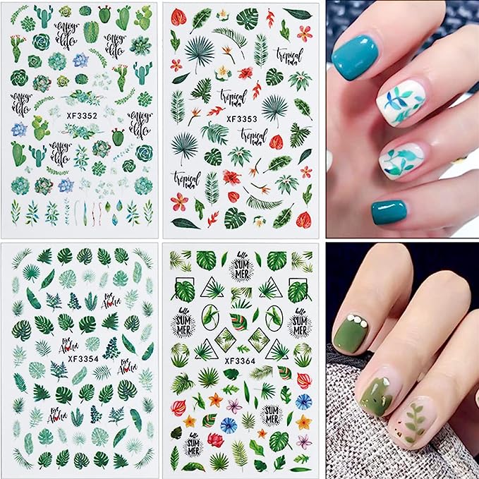 Leaves Nail Stickers Decals,Summer for Nail Decoration 3D Green Plants Tropical Palm Leaf Flower Cactus Self-Adhesive Designs Stickers for Manicure DIY Nails Art Supplies Accessories 9 Sheets