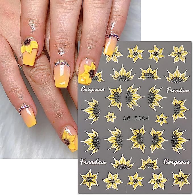 5D Engraved Sunflower Nail Art Stickers Yellow Black Floral Flower Acrylic Embossed Sliders Summer Nail Decals Manicure Decoration for Women Girls Nails Painting Charms Accessories