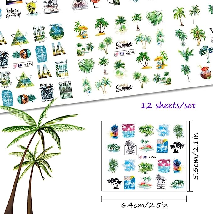 Summer Nail Stickers Coconut Palm Tree Nail Art Tropical Water Transfer Nail Decals 12 Sheets Beach Ocean 3D DIY Manicure Design Decor for Women Girl