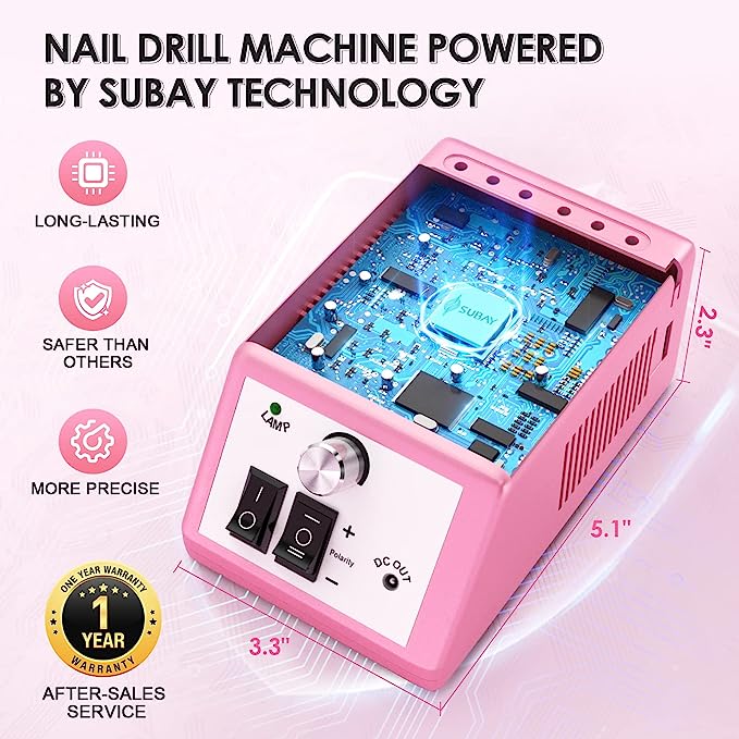 Subay Professional Finger Toe Nail Care Electric Nail Drill Machine Manicure Pedicure Kit Electric Nail Art File Drill with 1 Pack of Sanding Bands (Pink)