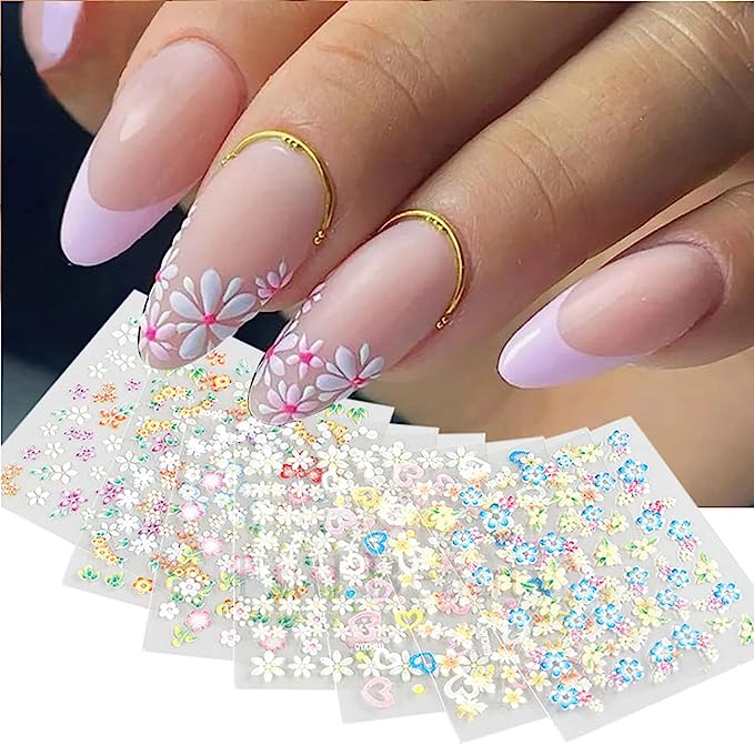 30 Sheets Flower Nail Art Stickers Spring Summer Nail Art Design 3D Self Adhesive Daisy Nail Supplies Elegant Exquisite Flower Nail Decals White Yellow Colorful Flower Nail Stickers for Woman Girls